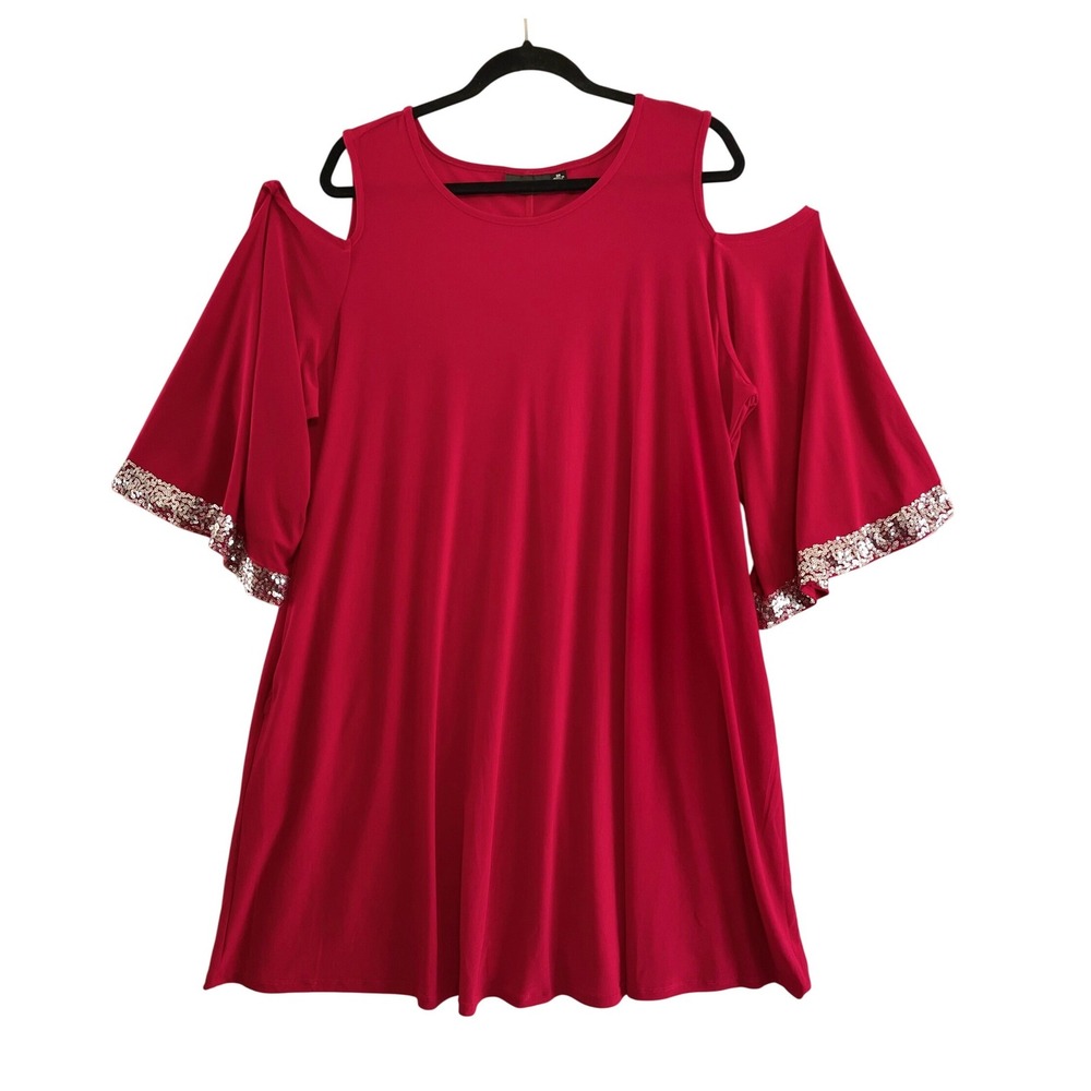 Nina Leonard Cold Shoulder Dress Womens 2X Red Sequin Trim Flutter Sleeve Knee